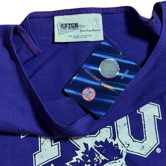 Y2K NOS TCU Mini Sheath Dress Womens Purple White Logo Ruffle Sleeves Size L - Picture 4 of 6